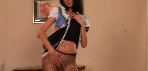  Sexy maid teases you, strips down showing her natural tots and tight pussy